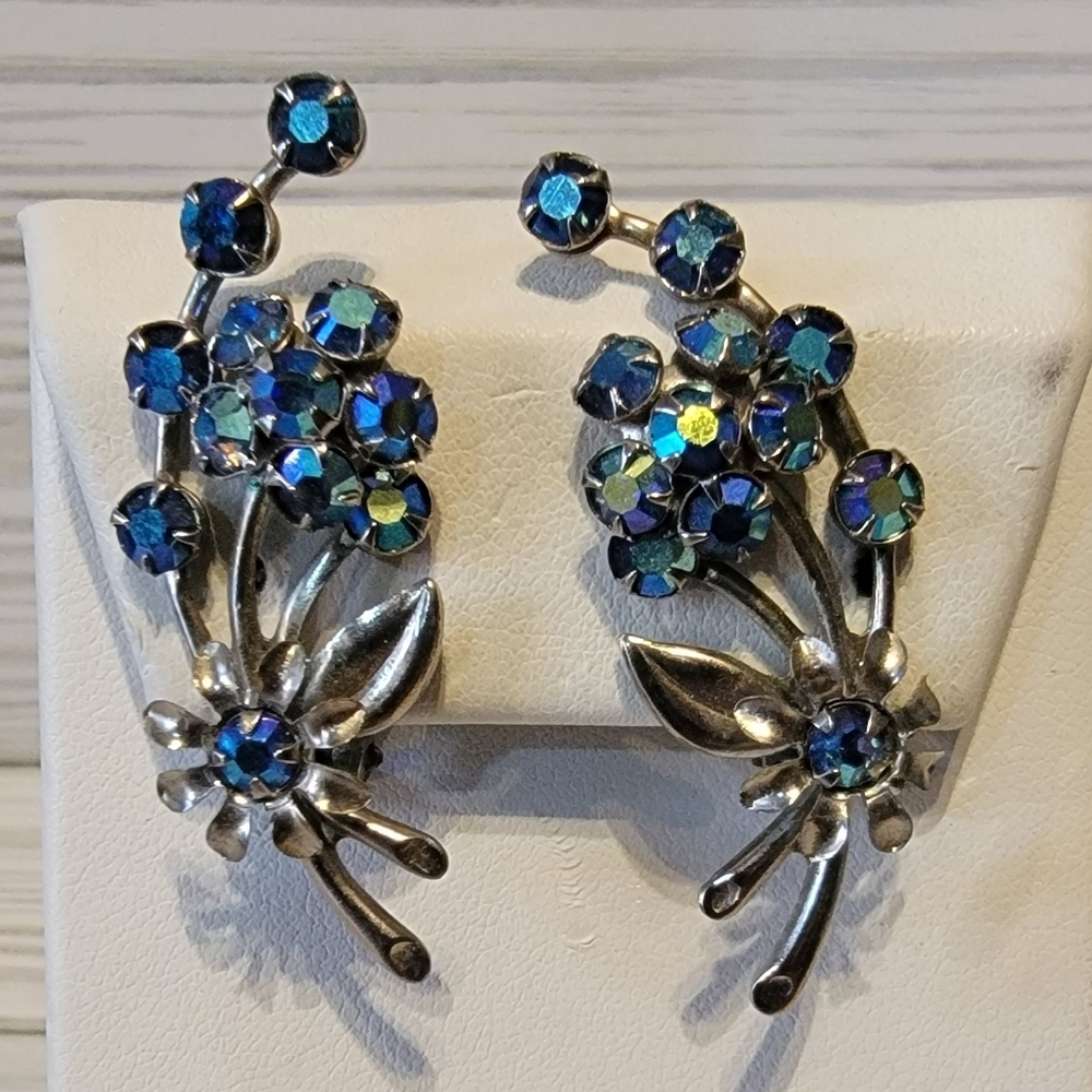 Vintage Blue AB Rhinestone Floral Spray Ear Climber Clip On Earrings